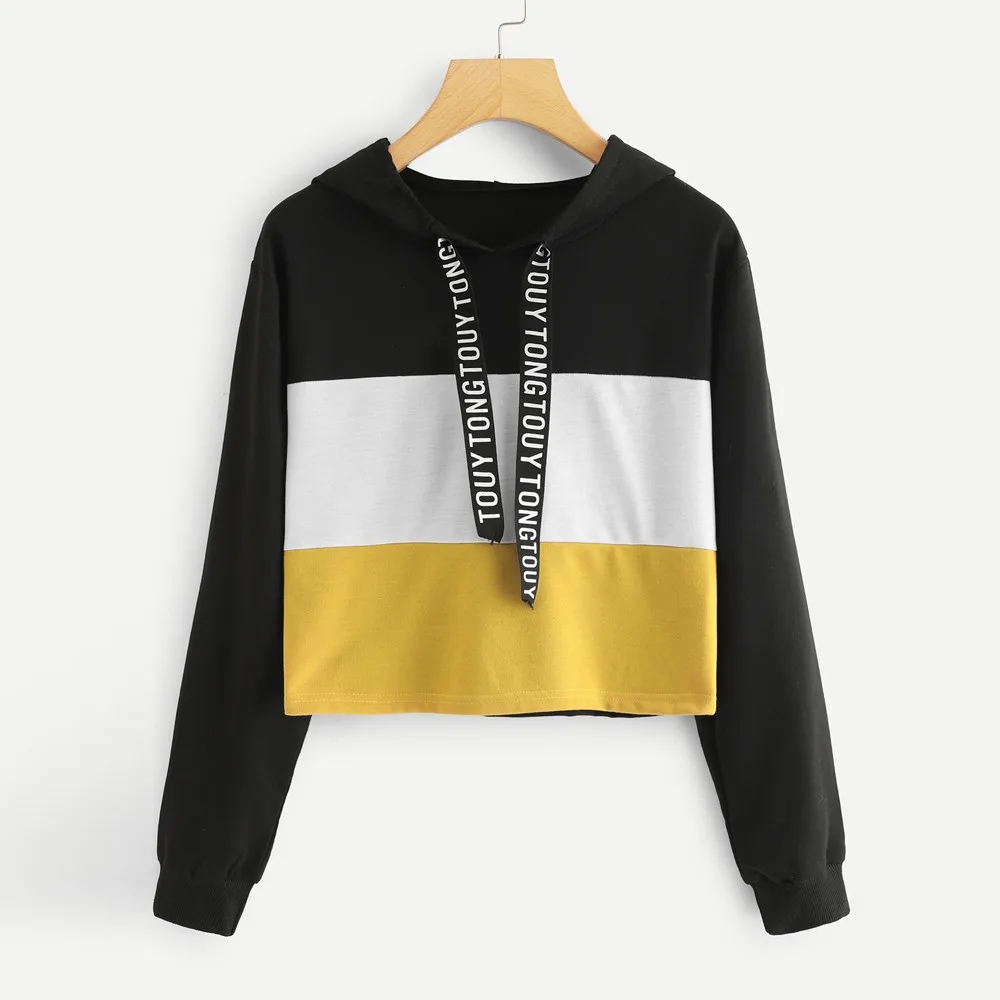 

CHAMSGEND Women's Sweatshirts Long Sleeve Hoodies Letter Print Autumn Tape Drawstring streetwear Colorblock Sweatshirt F720