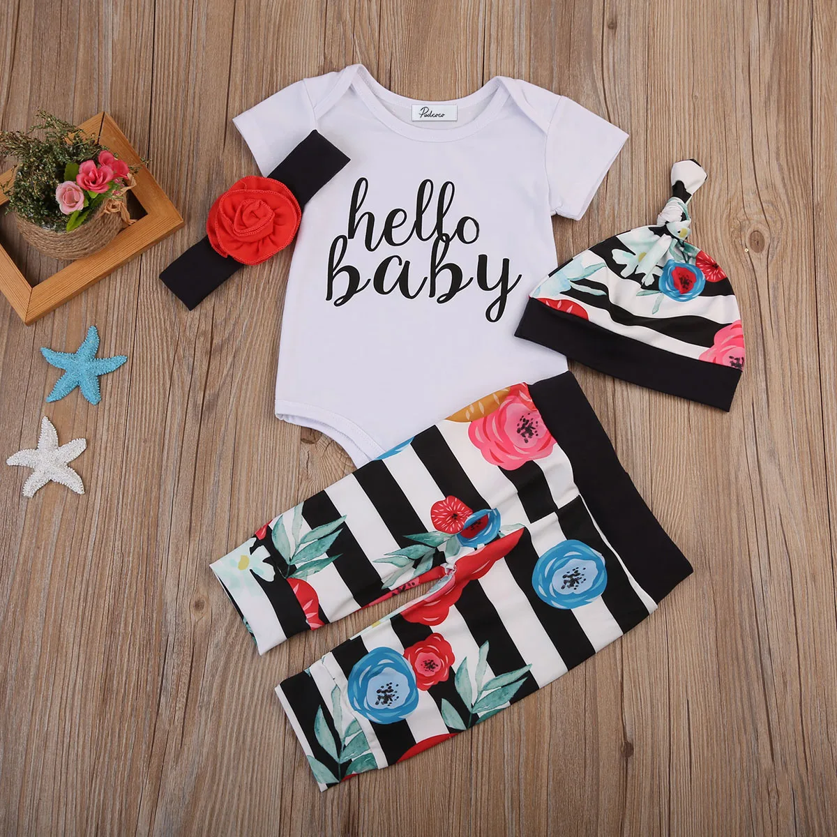 

Cute Newborn Infant Baby Girs Romper Short Sleeve Tops Pants Leggings Hat Floral Headband 4PCS Outfits Clothes Set 2019