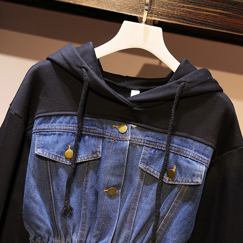 plus size women fat mm spring autumn bf wind splice Hooded jean jacket female denim Korean jacket women tide veste femme coat  