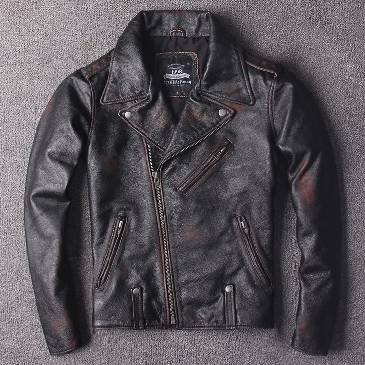 Мужская винтажная мотоциклетная кожаная куртка в американском стиле, ручная работа, цветная приталенная Мужская мотоциклетная куртка из коровьей кожи
