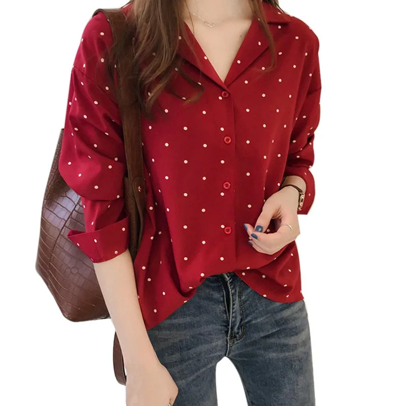 

Sexy Polka Dot Blouse Women Tops Long Sleeve Red Black Shirt Women Korean Fashion Clothing Blusas Femininas Elegante