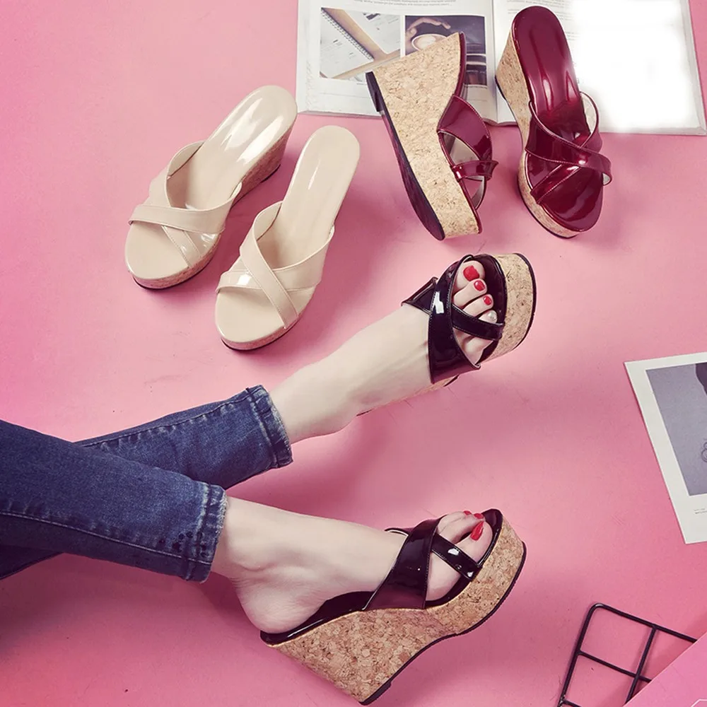 

Wedge Thick Bottom Summer Women Sandals Slope cross tied And Peep Toe Casual High Heels Platform slip-on 11cm black beige red