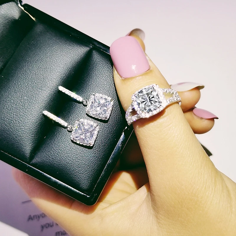 

925 Sterling Silver Jewelry set halo Engagement ring round stud earring for Wedding christmas Valentine's Day gift party J4938