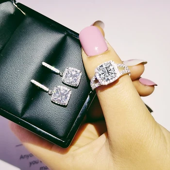 

925 Sterling Silver Jewelry set halo Engagement ring round stud earring for Wedding christmas Valentine's Day gift party J4938