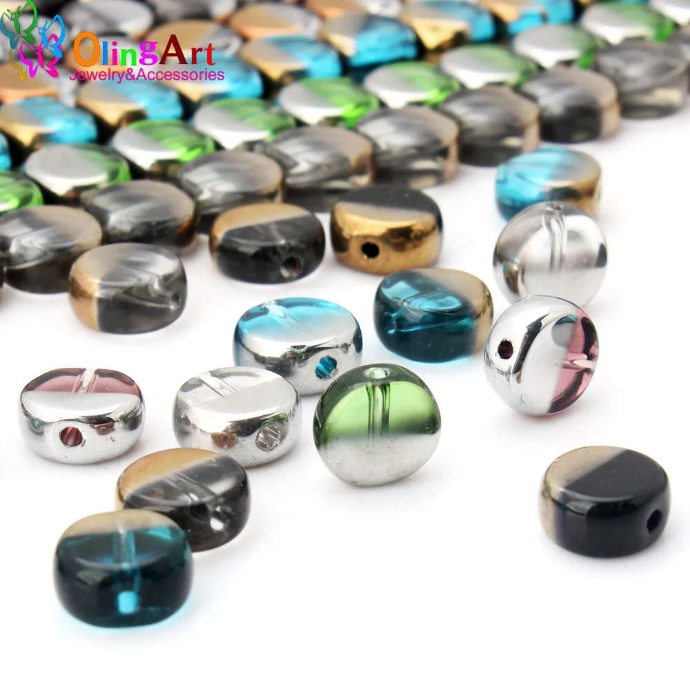

OlingArt 10MM 10pcs Glass crystal half Metal plating Mixed colors Flat round shape beads DIY necklace Bracelet jewelry making