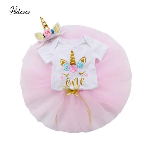 Pudcoco 2018 Newborn Infant Baby Girls Clothes Set Cute 3D Unicorn Bodysuit+Tutu Skirt+Headband 3pcs Birthday Party Outfit 0-24M