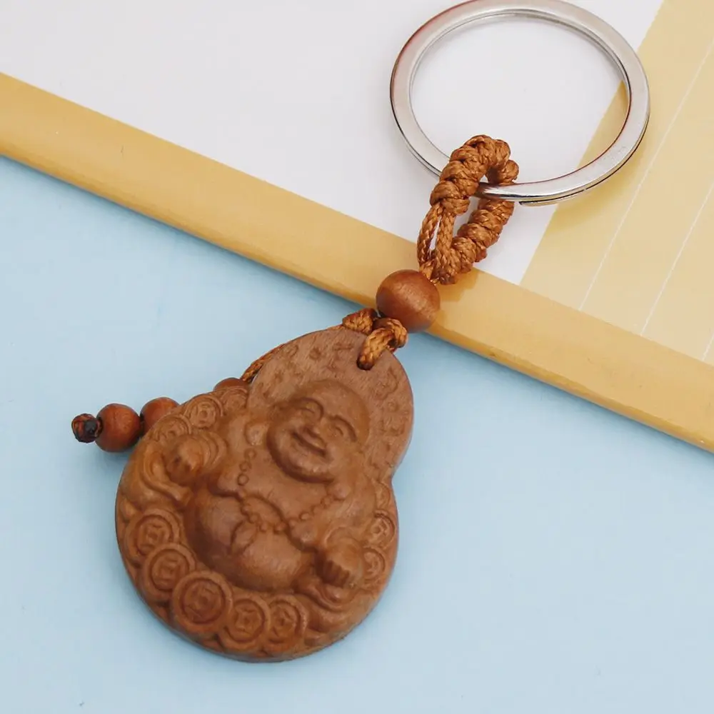 Rosewood Lucky Buddha Car Key Chain Pendant Keyring Ornament Decorin