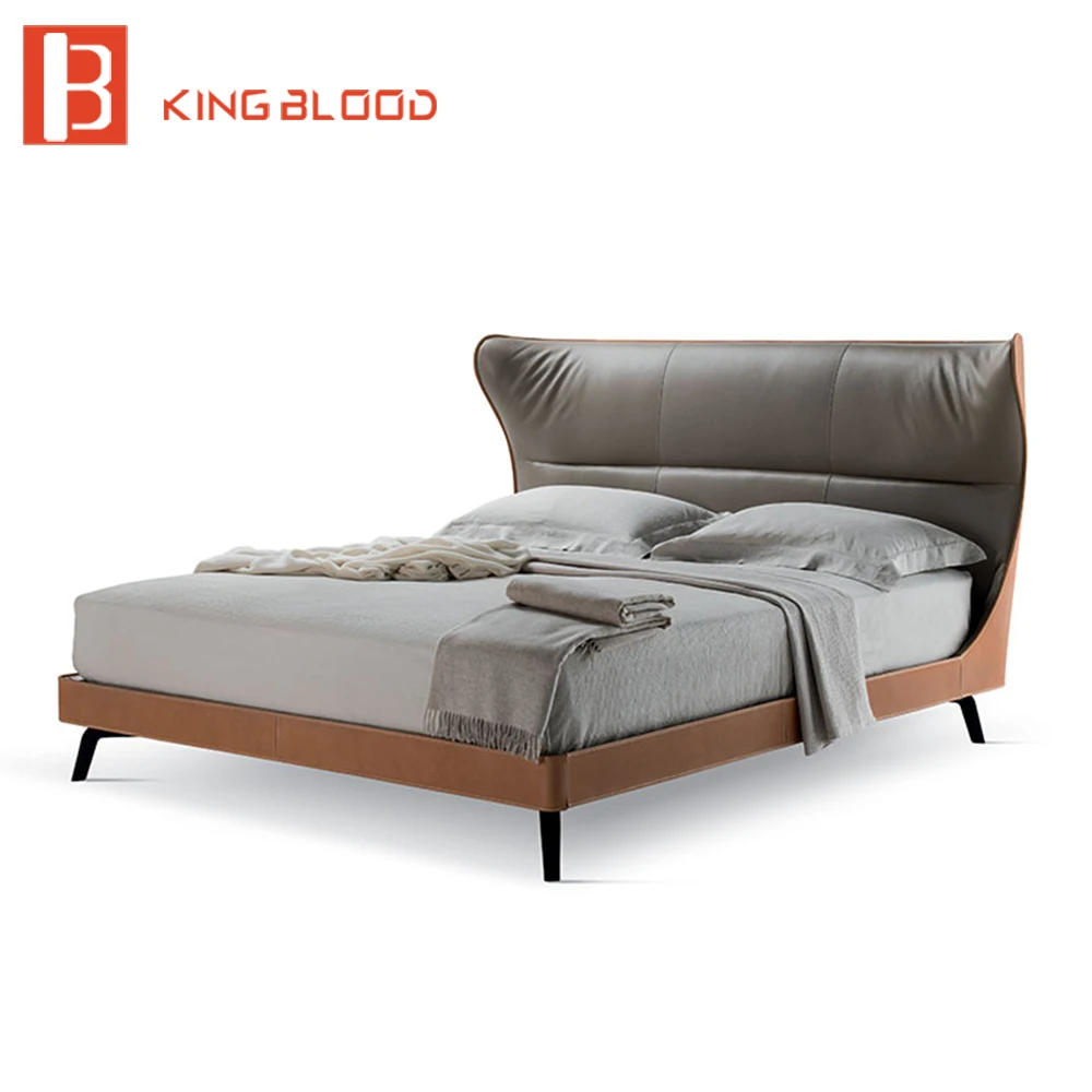 Italian designer leather king queen size bed frame design metal leg square bed for bedroom furniture