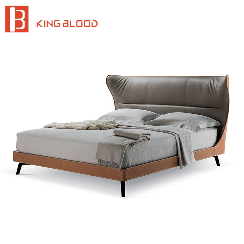 Latest metal leg double bed design leather bed frame italian leather round bed for bedroom furniture