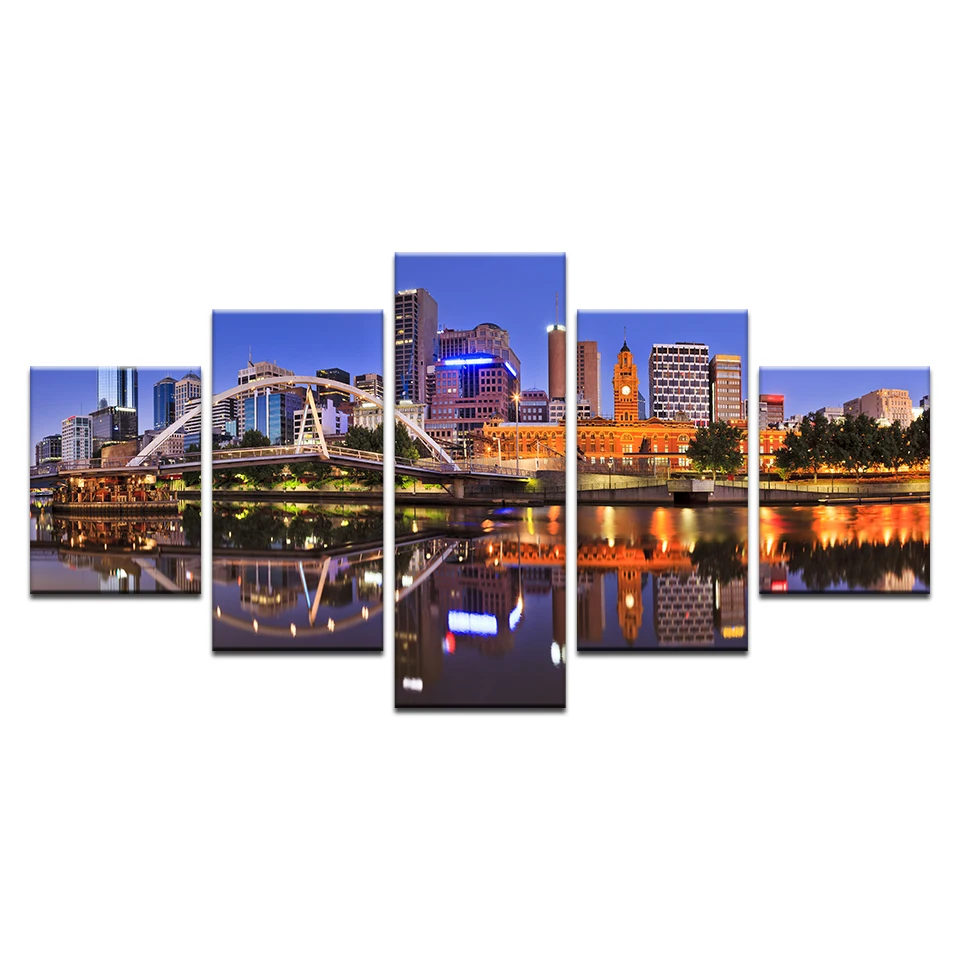 Canvas Wall Art Pictures Home Decor 5 Pieces Elizabeth Tower Paris City Night View Paintings Prints River Building Posters | Дом и сад
