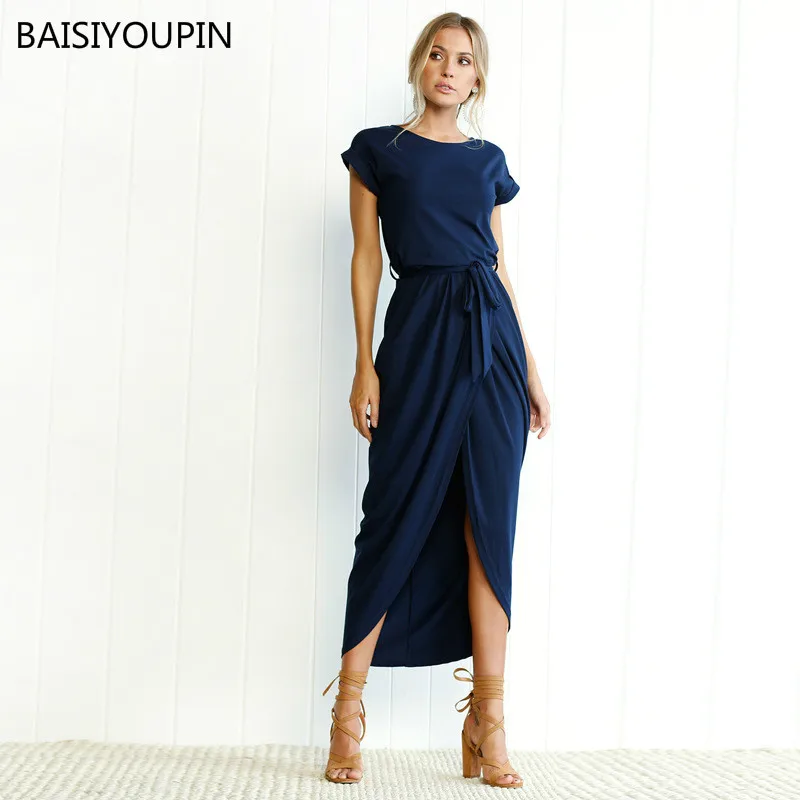 

2019 Spring Summer Sexy Lady Short Sleeve Front Split Asymmetrical Dress Women Vintage Solid Pleated Lacing Ankle-Length Dresses