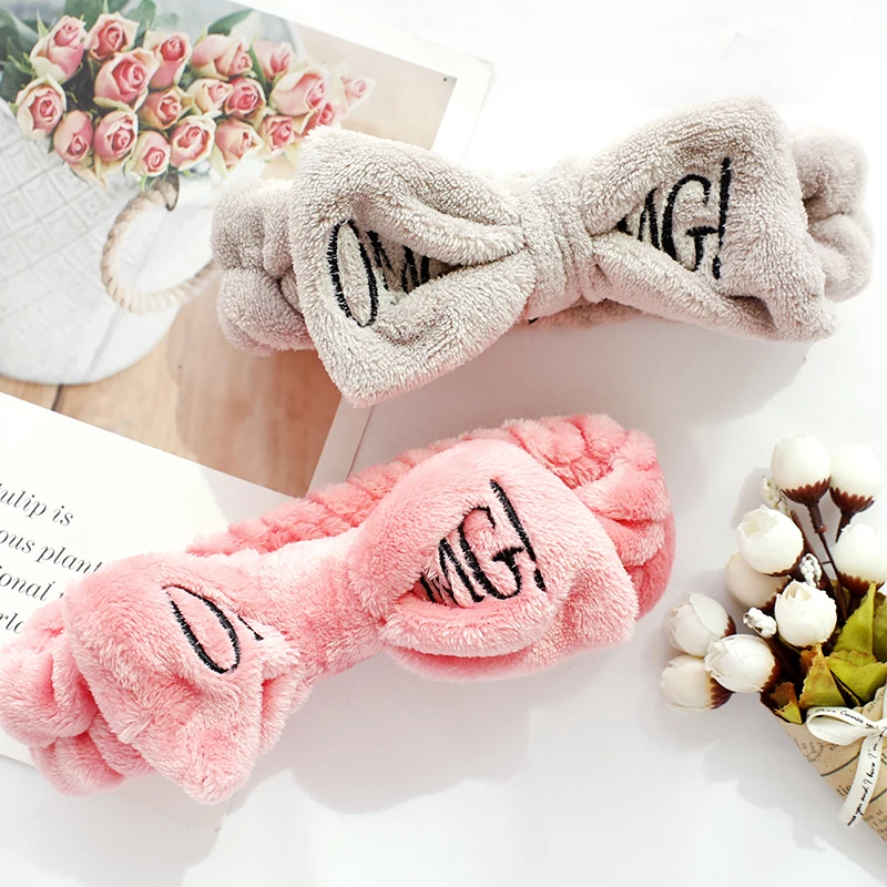 New Fashion Letter OMG Coral Fleece Soft Bow Headbands Wash Face Headband Women Girls Holder Turban Hairbands Hair Accessories