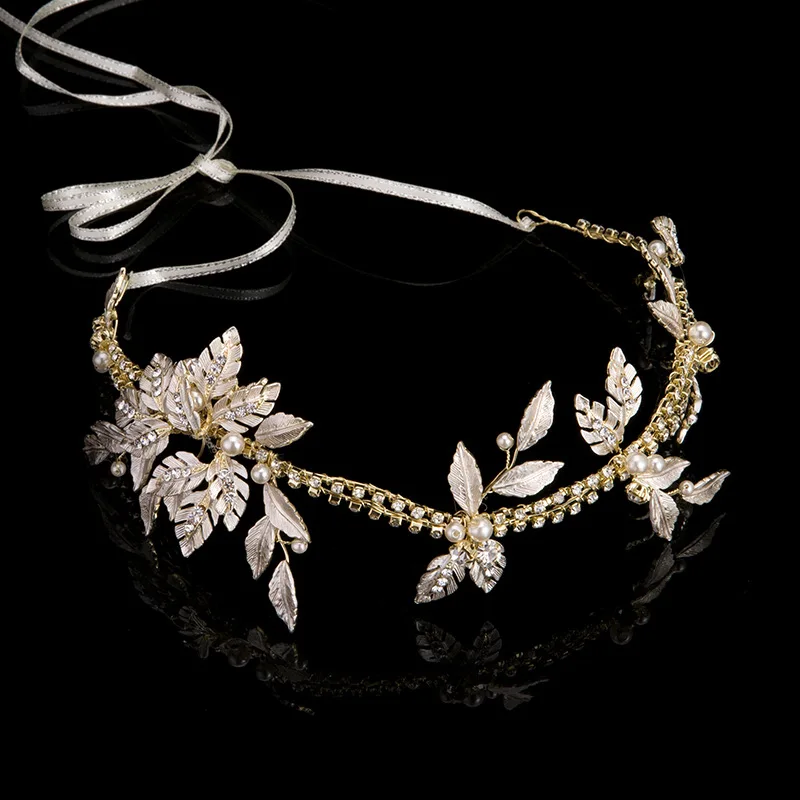 

New Vintage 100% handmade Leaf Crowns Hairband Bridal Headband Gold Silver Pearl Crystal Wedding Hairpieces Bride Tiaras b627