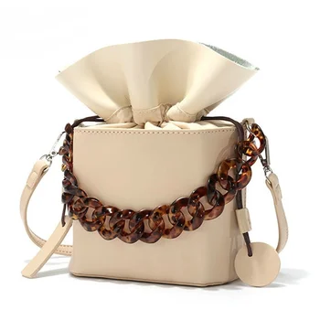 

Wallike High Quality PU Leather Lady Bucket Bag Small Drawstring Handbag Solid Color Simple Stye Chain Shoulder Bags Design Tote