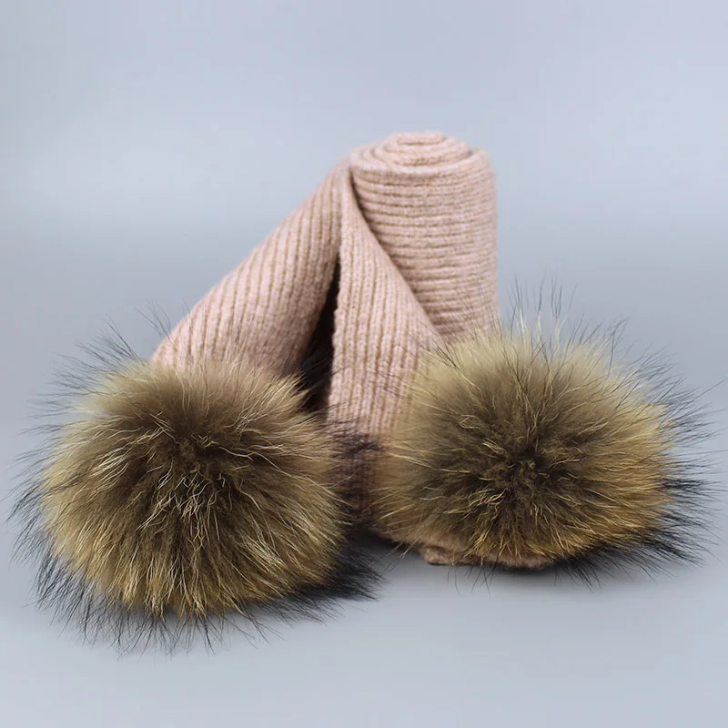 Зимняя детская шапка и шарф для девочек и мальчиков, зимний детский вязаный трикотаж, шерстяные шапки, натуральный мех норки, помпоны, шапка Bone Gorro - Цвет: ET Pink Scarf