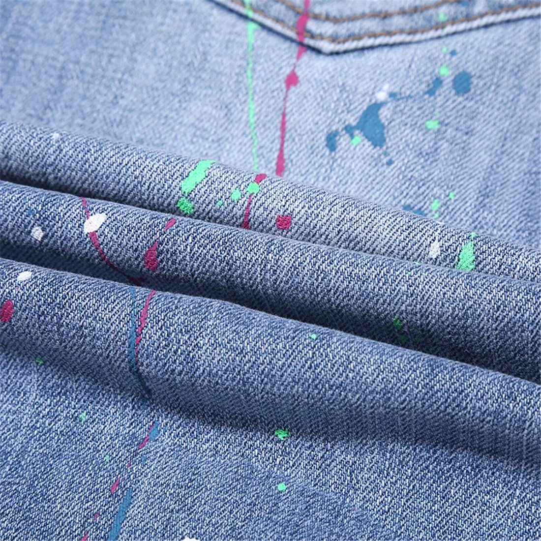 Темный Логотип Красочные фольги краски брызги джинсы для мужчин рваные прямые джинсы Высокая уличная мода джинсовые мужские брюки