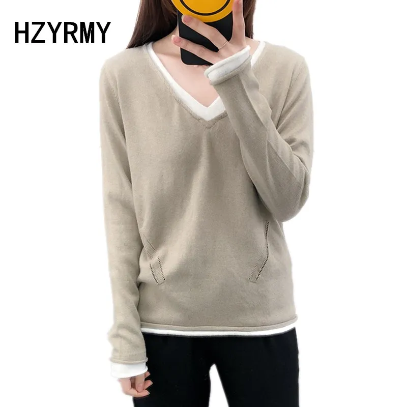 HZYRMY 2018Spring and Autumn New Women's Cashmere Sweater Fashion Loose V-neck Solid Shirts Wool Knit Pullover soft Warm Sweater