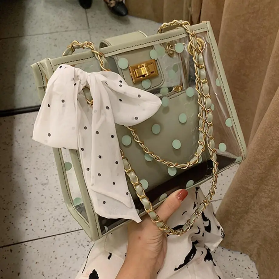 

Transparent Jelly Travel bag 2019 Summer New High Quality PVC Women's Designer Handbag Ribbon Bow Chain Shoulder Messenger bag