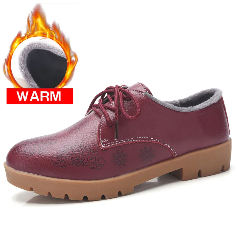 CAGILKZEL Autumn Winter Warm Women Platform Flats Shoes Casual Leather Slip-on Ladies Flat Chaussure Femme Shoes - Цвет: warm red