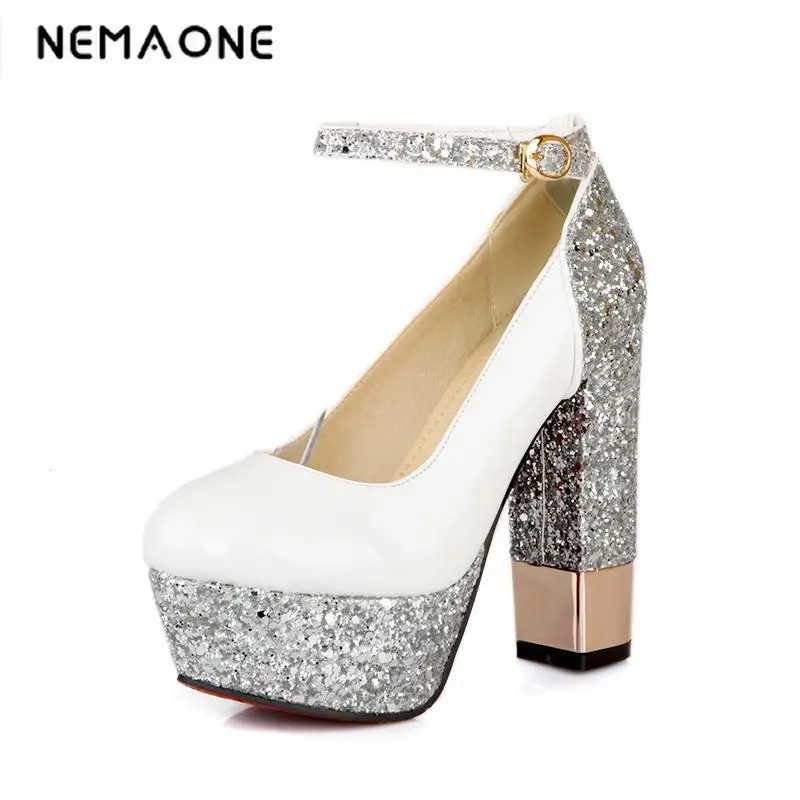 

Fashion Spring Platform thick Heel Ladies Shoes Ultra High Heels ankle strap Women Pumps glitter Slip On Dress Wedding Pumps