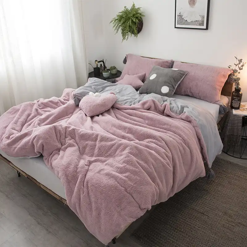 Pink Gray White Soft Winter Thick Fleece Fabric Girl Bedding Set