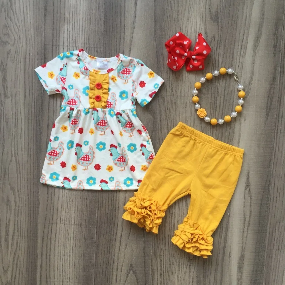 

baby girls summer spring roosters dress yellow ruffled pant baby children's outfits boutique sets with accessories