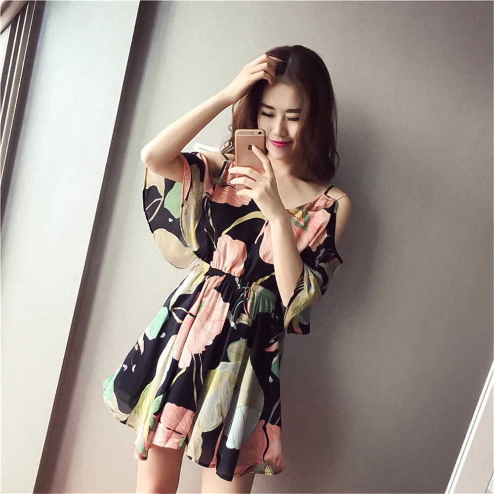 Casual Beach Dress Cold Shoulder ruffle print Summer dresses women High waist strap chiffon beach dress Boho party sexy dresses (7)