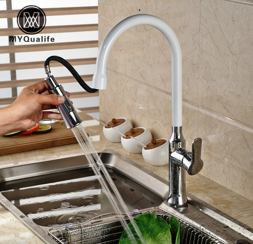 Chrome White Single Handle Pull Out Dual Sprayer Nozzle Kitchen Sink Mixer Faucet Deck Mount One