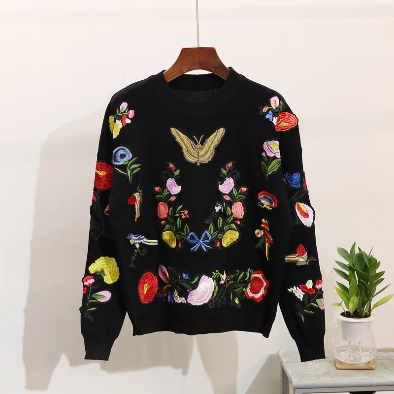 Бабочка в европейском стиле, свитер с цветочной вышивкой+ повседневные штаны, комплект из двух предметов, шикарные женские осенне-зимние вязаные штаны, D855
