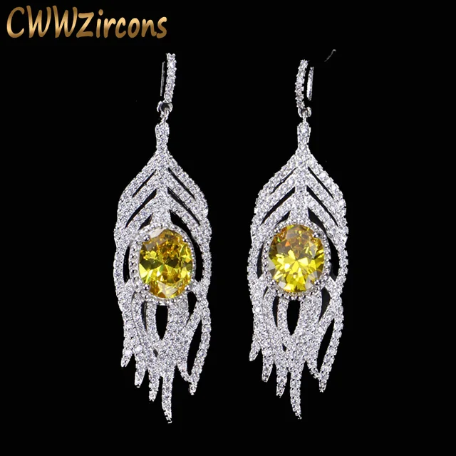 Cwwzircons Sparkling Cz Crystal And Yellow Stone Long Feather Tel Cwwzircons Sparkling Cz Crystal And Yellow Stone Long Feather Tel Drop Earrings 925 Sterling Silver Jewelry