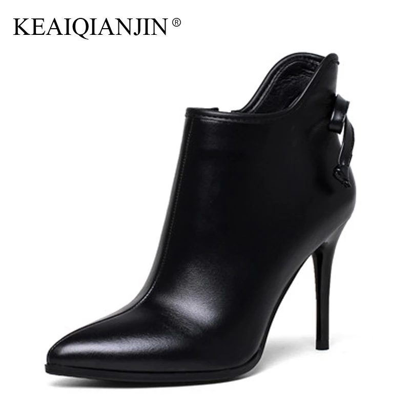 

KEAIQIANJIN Woman Pointed Toe Boots Black Beige Plus Size 33 - 43 High Heel Boots Autumn Winter Genuine Leather Ankle Boots 2017