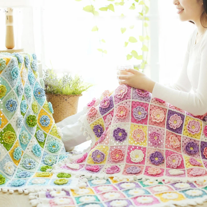 

Handmade Blankets Vintage Crochet Square/Rectangle Thread Blanket For Bed Portable Hand Wash Blankets Cotton Yarn Knitted Plaids