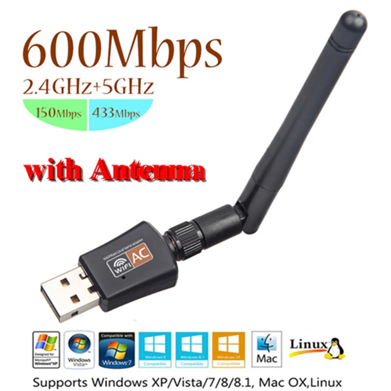 Kebidu AC 600 Мбит/с USB Wifi адаптер 5/2. 4 ГГц двухдиапазонный с антенной Dongle LAN 802.11ac/a/b/g/n для Windows XP Win 7 10 Mac Vista