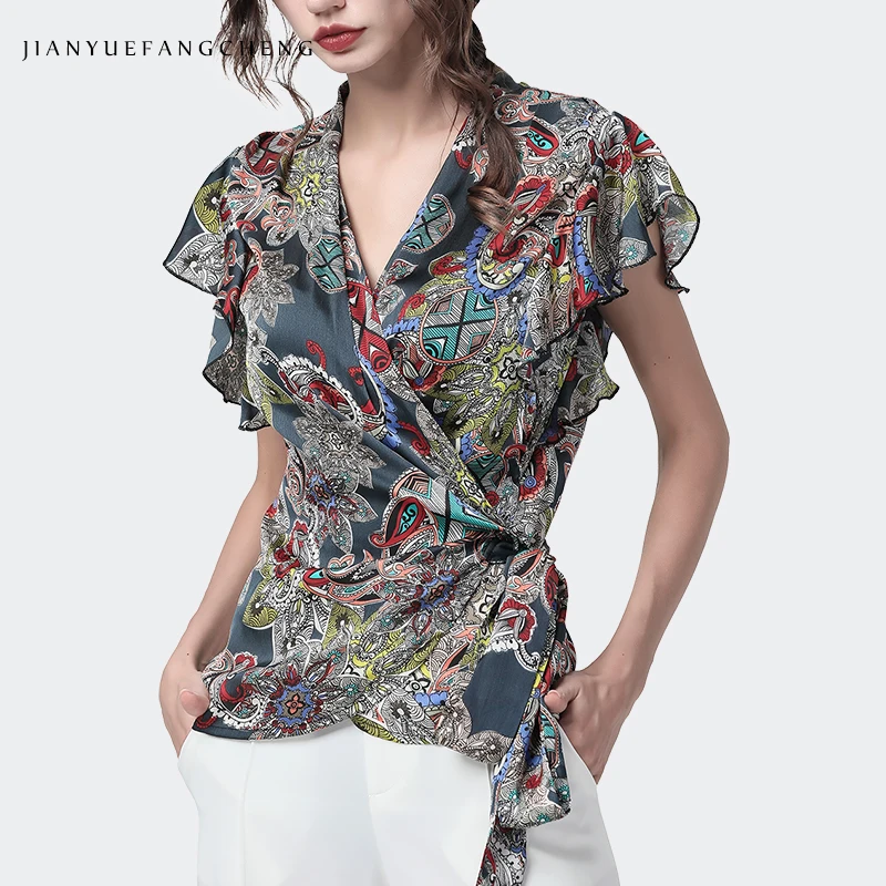 

Irregular Pattern Printed Summer Women' Shirt Belted Lace-Up Butterfly Long Sleeve V-Neck Top Sexy Vintage Laides Boho Clothing