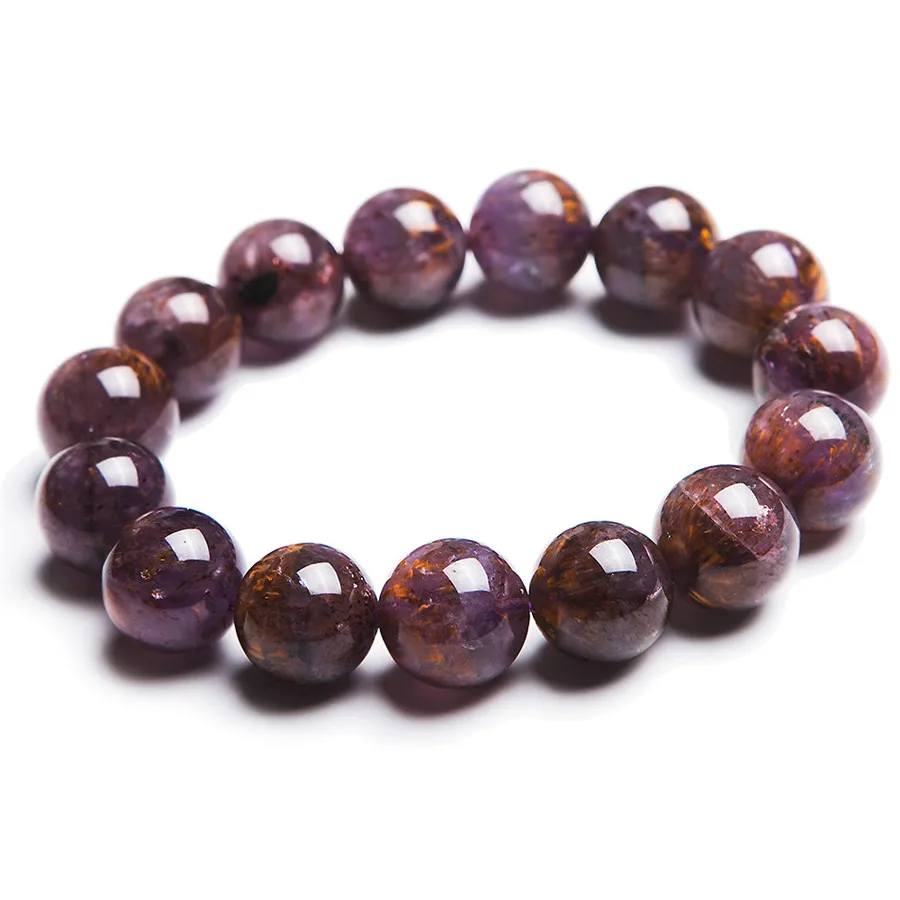 

14mm Natural Purple Cacoxenite Gems Gold Hair Rutilated Quartz Crystal Clear Transparent Round Bead Women Mens Stretch Bracelet