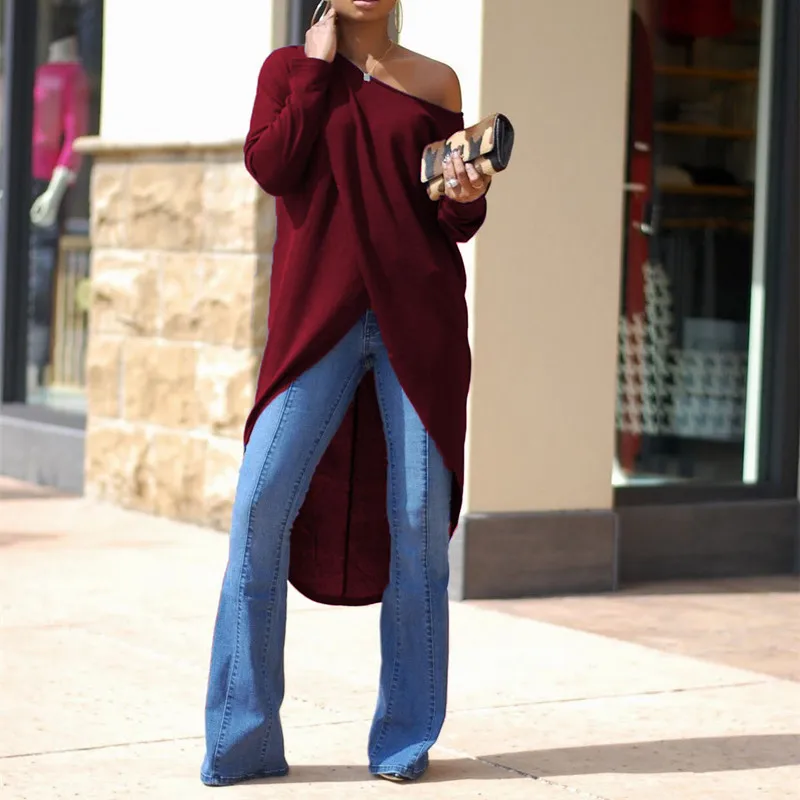 Meilleur Nouveau Automne de Femmes Une Épaule Tops Casual Irrégulière Maxi Longue Blusas Chemises Solide Sexy Lâche Manches Longues Tops Blouse vêtements