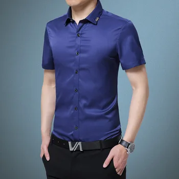 

Mens plus size Slim fit shirts 2019 Autumn Pure silk Thin short sleeves Casual dress shirts Men Skinny shirts overhemd tops boys