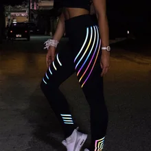 Светящиеся эластичные колготки спортивные женские фитнес Светоотражающие лазерные штаны для бега в полоску тонкие бесшовные тренировочные Компрессионные Леггинсы для спортзала