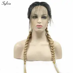 Sylvia Двойные косы длинные волосы темные корни Ombre блондинка синтетический Синтетические волосы на кружеве парик Для женщин плетеные