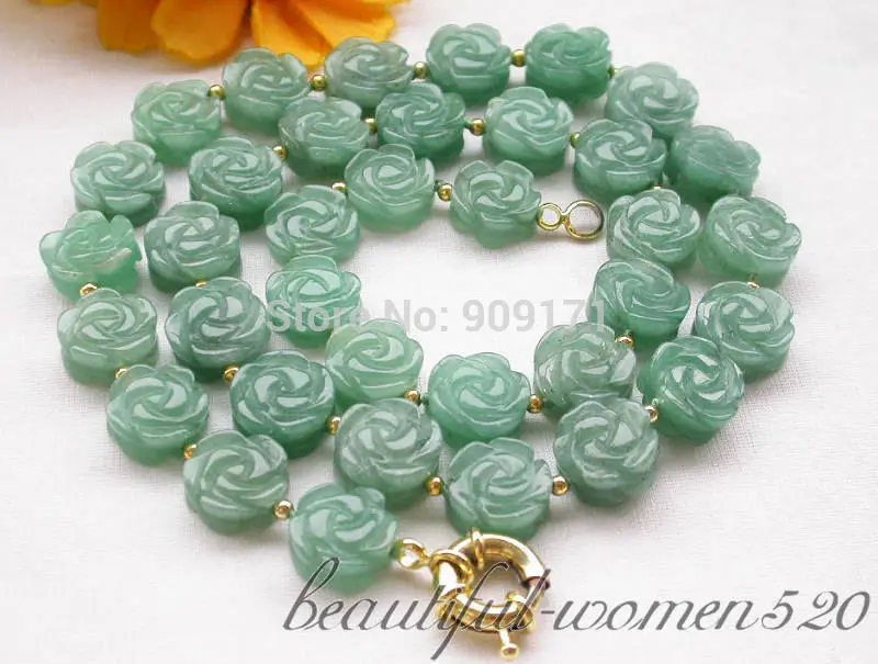 

Free Shipping>>29" 14mm Hand-carved flower green jade bead necklace