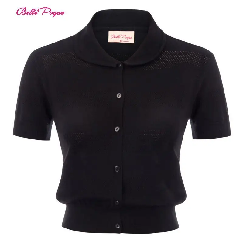 

BP Fashion Women Short Sleeve Cute Doll Collar Hollowed-out Button Placket Knitwear Sweater Outwear Cardigan Black Color