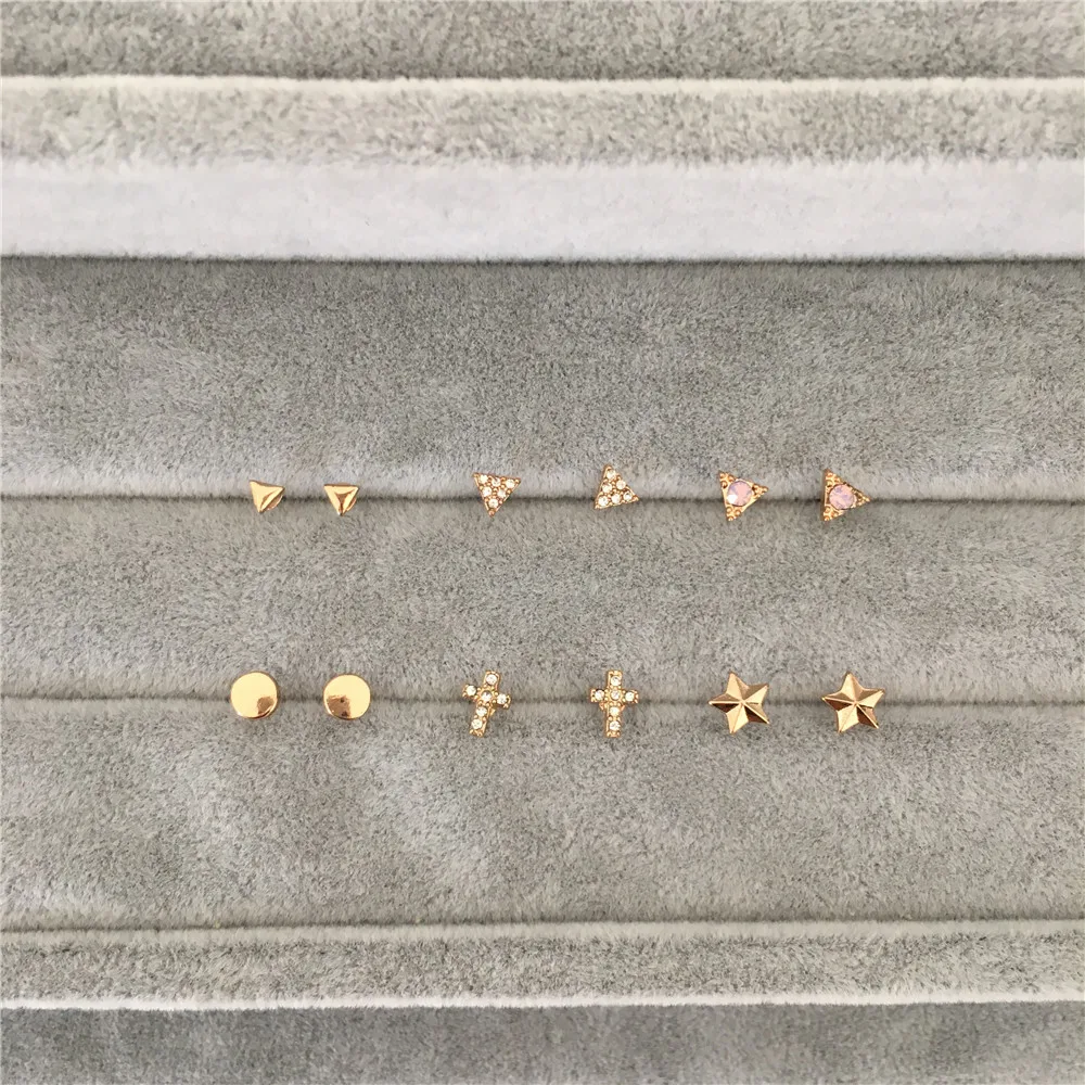 

CUTE GOLD COLOR SMALL TRIANGLE ROUND DISC STAR CROSS WITH PAVING 6 PAIR EARRING SET