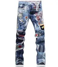New Arrival Cartoon Appliques Men Jeans Fashion Cutout Denim Trousers