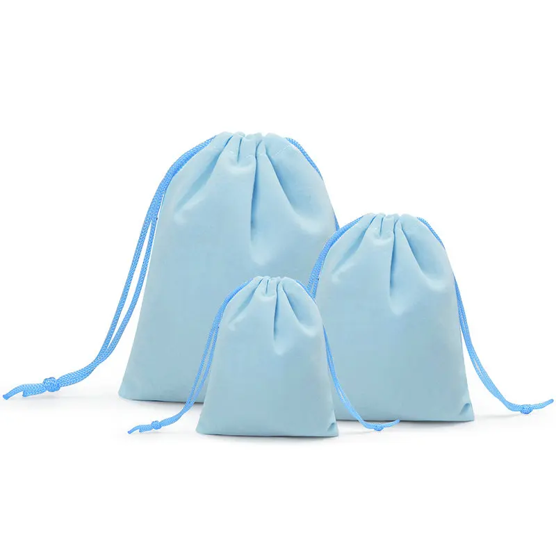 

50pcs/lot Sky blue 3 kinds of size pull rope velvet bag, jewelry ring bracelet gift pouchs