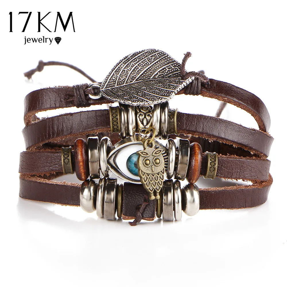 17KM-pulsera de cuero con diseño de ojo turco para hombre y mujer, brazalete con diseño de búho, estilo Punk, piedra, Vintage