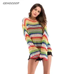 GEHOCOOP для женщин Женский свитер-пуловер повседневное пикантные стиль в радужную полоску Kintted Truien свободные пуловеры для уличная полые Белл