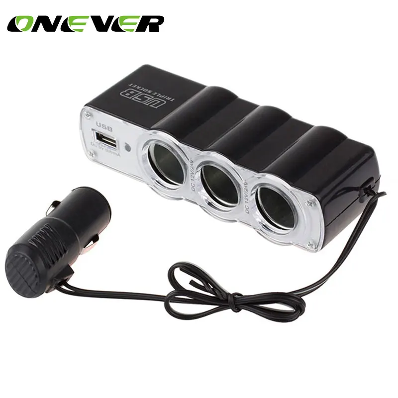

Onever 1 to 3 Car Cigarette Lighter Splitter Hub Socket with USB Charger Adaptor DC 12-24V Car Auto Power Adapter lighter