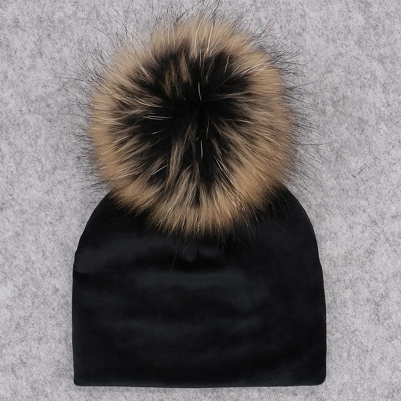 GZHILOVINGL Real Fur Pom Pom Baby Girls Boys Hat Warm Winter Knitted Velvet Hat Toddler Kids Soft Thick Flannel Beanies Pompoms