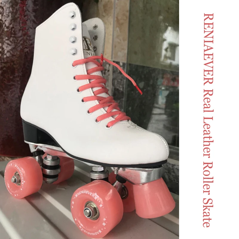 

Genuine Leather Roller Skates Double Line Skates For Women Adult Two Line Skating Shoes With PU Pink 4 Wheels Free Shipping
