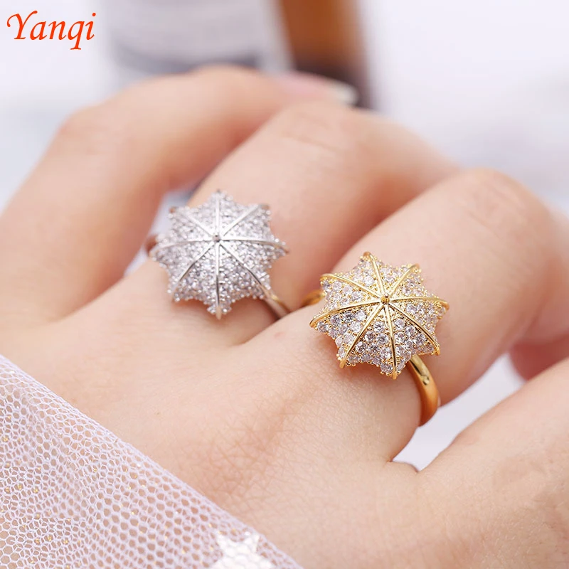 

Gold Color Cubic Simple Rotating Umbrella Index Opening Finger Rings Copper Stainless Steel Zircon Party Rings For Women Gifts